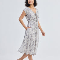 Deep V-neck Gathered Dress in Florals -COL - Stella Carakasi