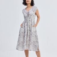 Deep V-neck Gathered Dress in Florals -COL - Stella Carakasi