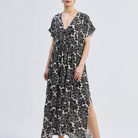 Deep V-neck Maxi Dress with Front Gathers in Black Florals -COL - Stella Carakasi