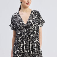 Deep V-neck Maxi Dress with Front Gathers in Black Florals -COL - Stella Carakasi