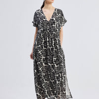 Deep V-neck Maxi Dress with Front Gathers in Black Florals -COL - Stella Carakasi