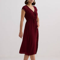 Deep V-neck Gathered Dress -COL