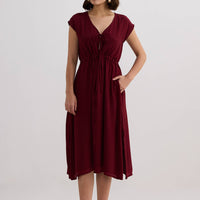 Deep V-neck Gathered Dress -COL