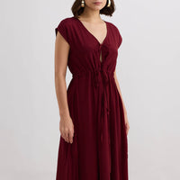 Deep V-neck Gathered Dress -COL