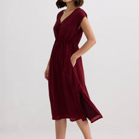 Deep V-neck Gathered Dress -COL
