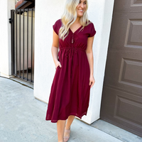 Deep V-neck Gathered Dress -COL