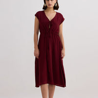 Deep V-neck Gathered Dress -COL