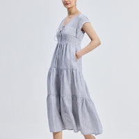 Maxi Tiered Dress with Front-ties in Linen Stripes -COL - Stella Carakasi