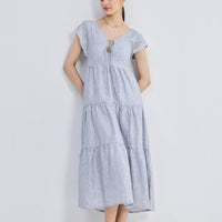 Maxi Tiered Dress with Front-ties in Linen Stripes -COL - Stella Carakasi