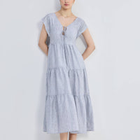 Maxi Tiered Dress with Front-ties in Linen Stripes -COL - Stella Carakasi
