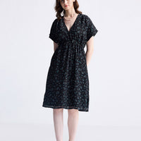 Gathered Knee-length Dress in Dark Blue Florals -COL - Stella Carakasi