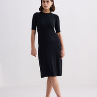 High Crew Neck Elbow Sleeves Fitted Dress -COL