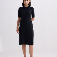 High Crew Neck Elbow Sleeves Fitted Dress -COL