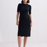 High Crew Neck Elbow Sleeves Fitted Dress -COL