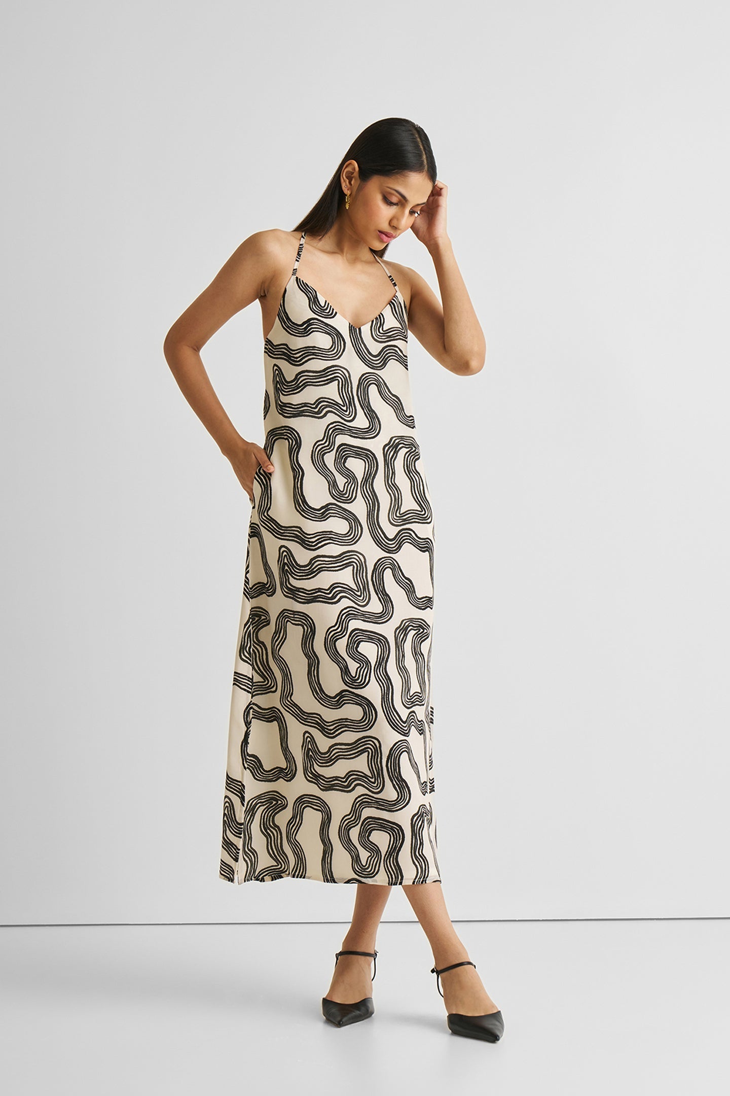 Midi Slip Dress in Black Stripes Maze / M / au