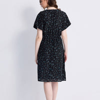 Gathered Knee-length Dress in Dark Blue Florals -COL - Stella Carakasi