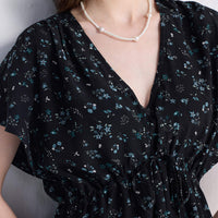 Gathered Knee-length Dress in Dark Blue Florals -COL - Stella Carakasi