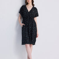 Gathered Knee-length Dress in Dark Blue Florals -COL - Stella Carakasi