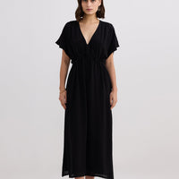 V-neck Gathered Maxi Dress -COL