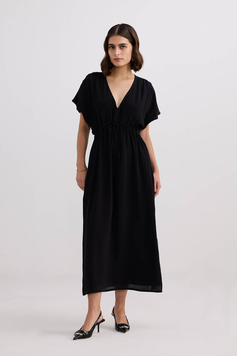 v neck maxi dresses Oversized Gathered V-neck Dress in Black Black / XS Category_Default Category/Shop/Categories/Dresses Color:Shimmer Peri Draped Corset Mini Dress Crafted for memorable evenings