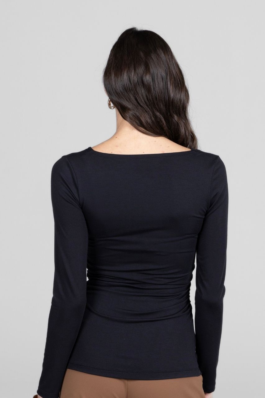 Wide V-Neck Top, Black -COL