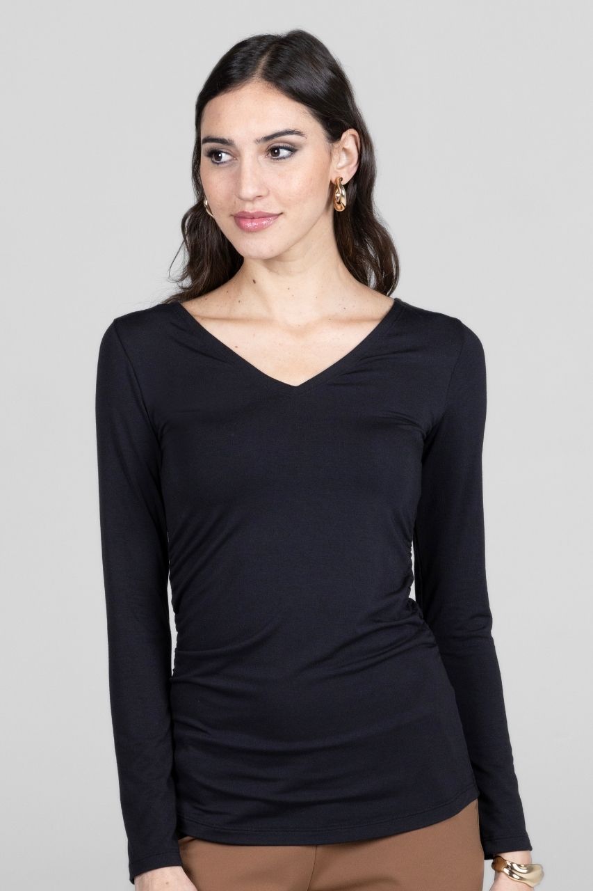 Wide V-Neck Top, Black -COL
