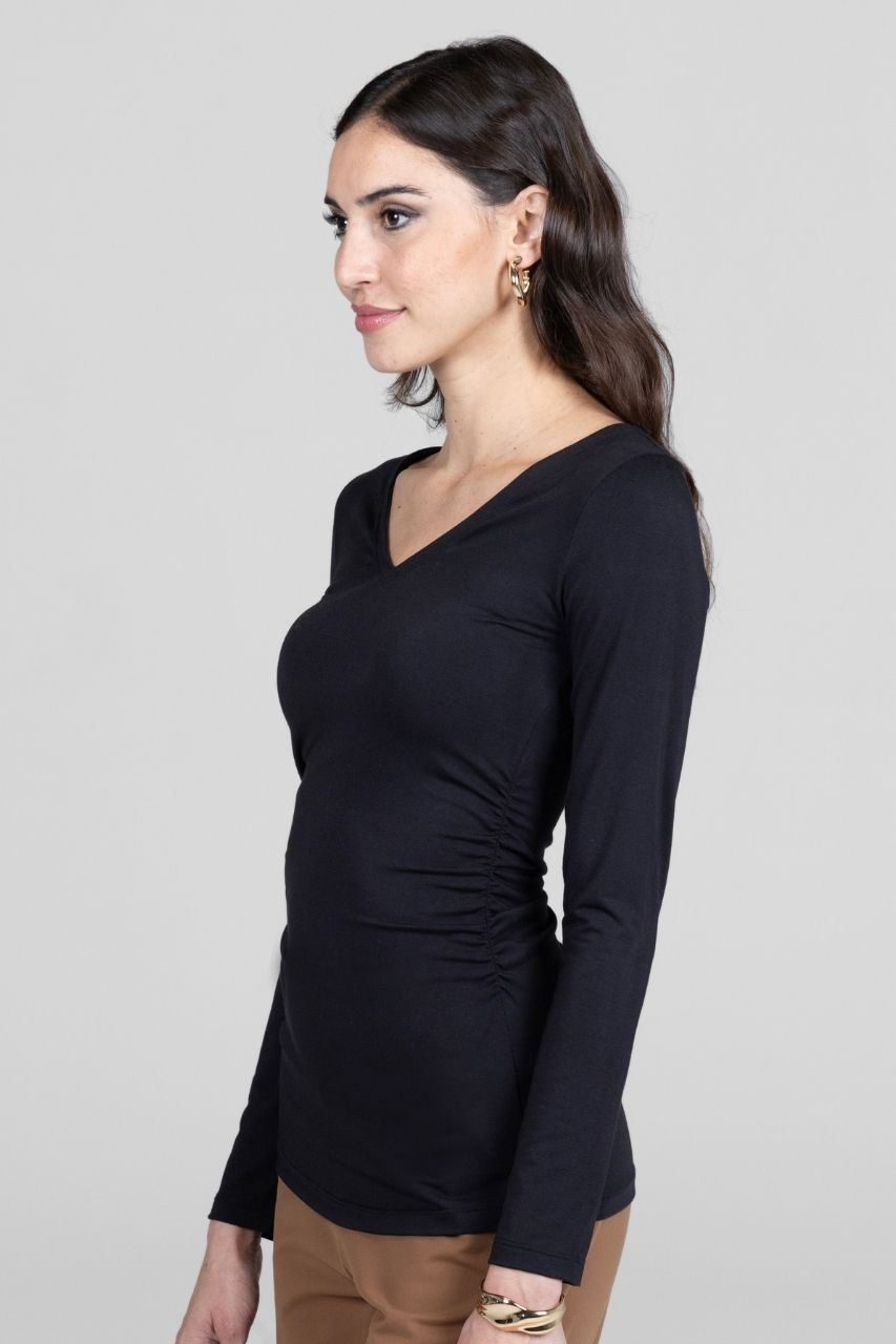 Wide V-Neck Top, Black -COL
