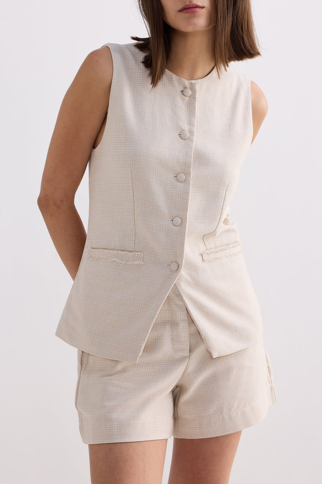 Cotton Tweed Vest Jacket Set in Cream -COL - Stella Carakasi