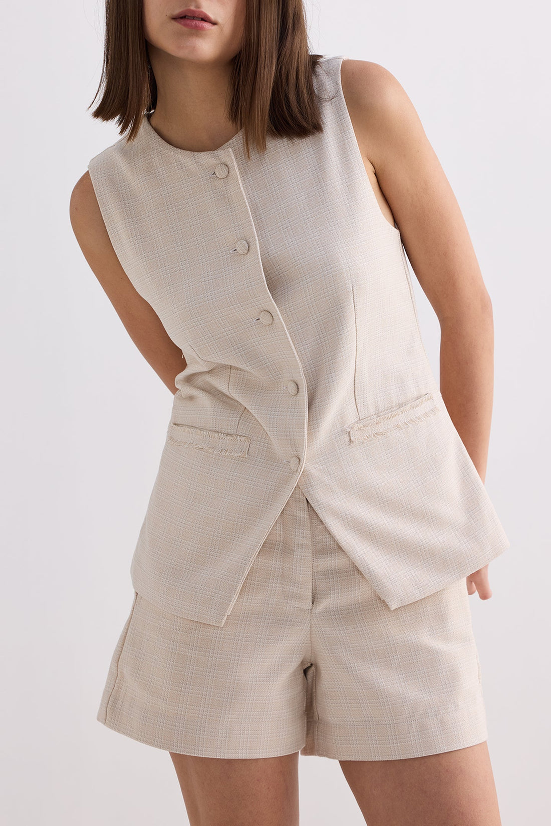 Cotton Tweed Vest Jacket Set in Cream -COL - Stella Carakasi