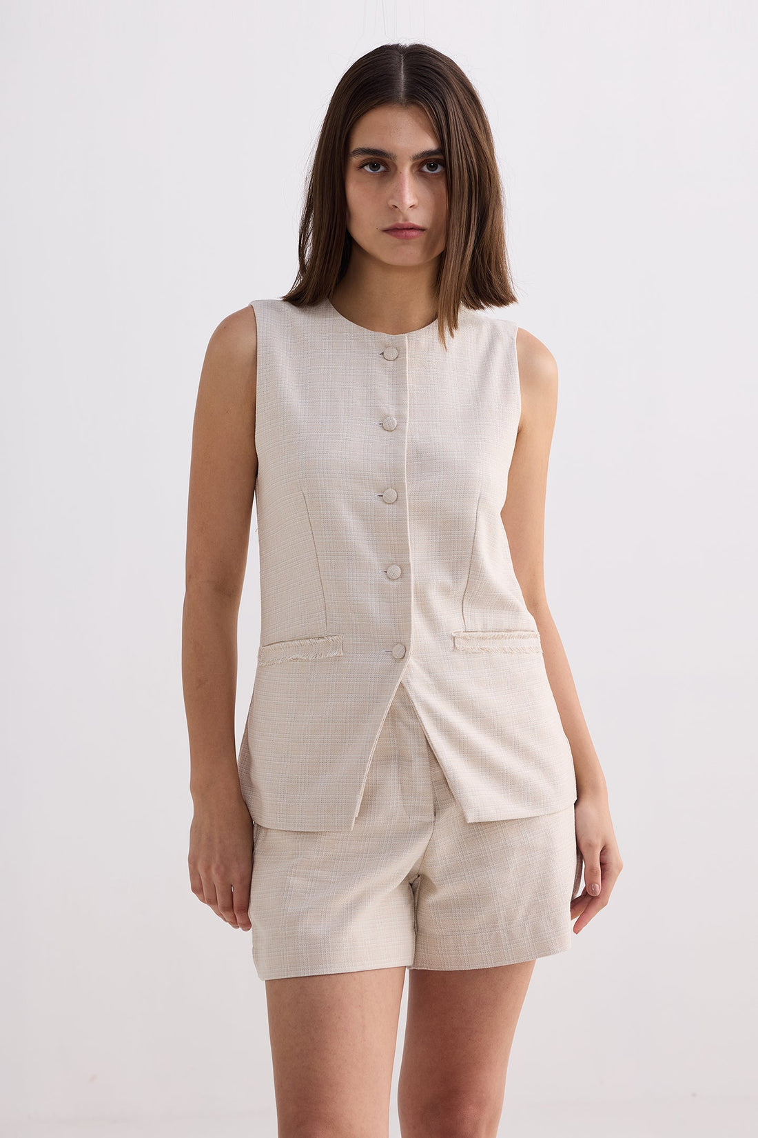 Cotton Tweed Vest Jacket Set in Cream -COL - Stella Carakasi