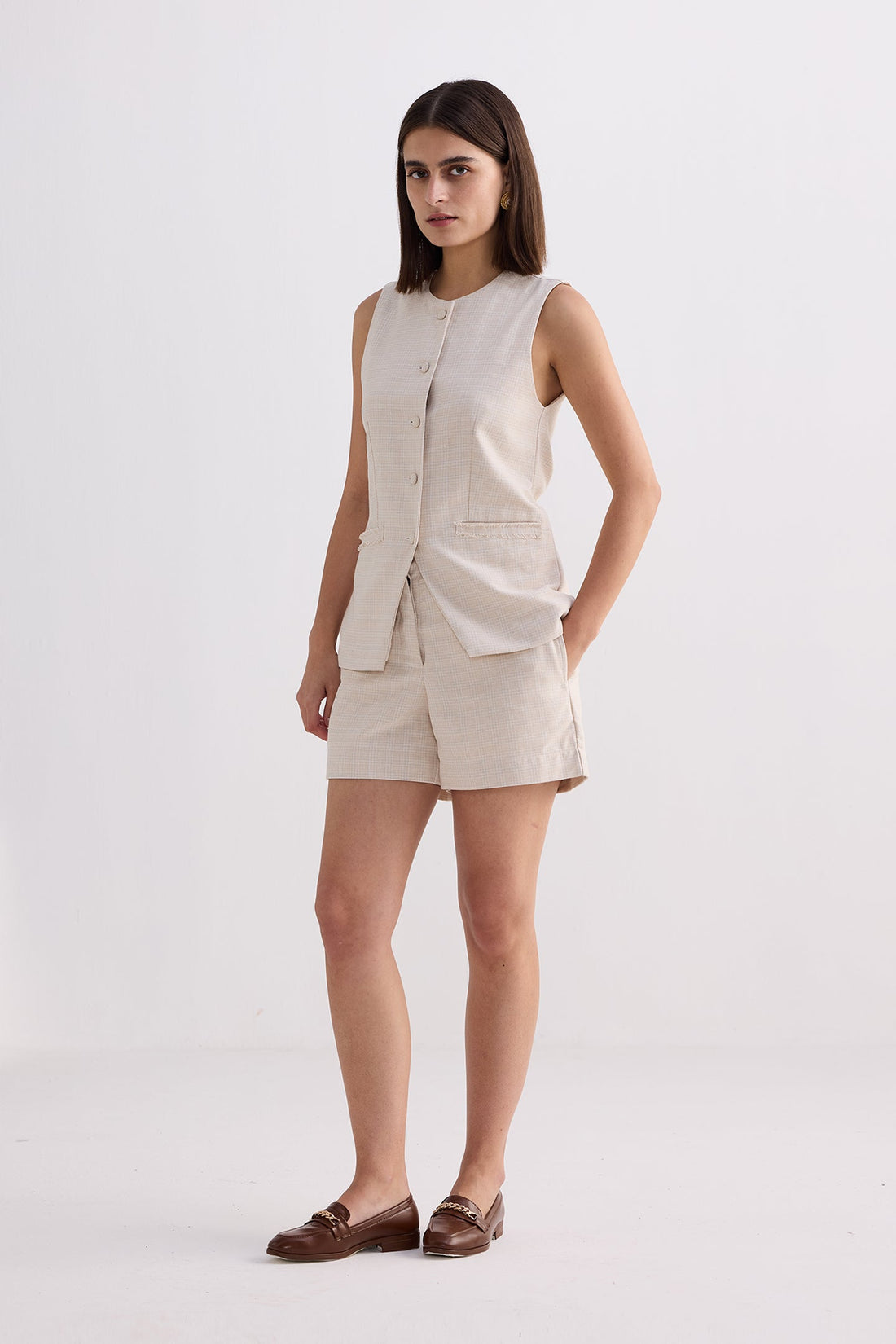 Cotton Tweed Vest Jacket Set in Cream -COL - Stella Carakasi