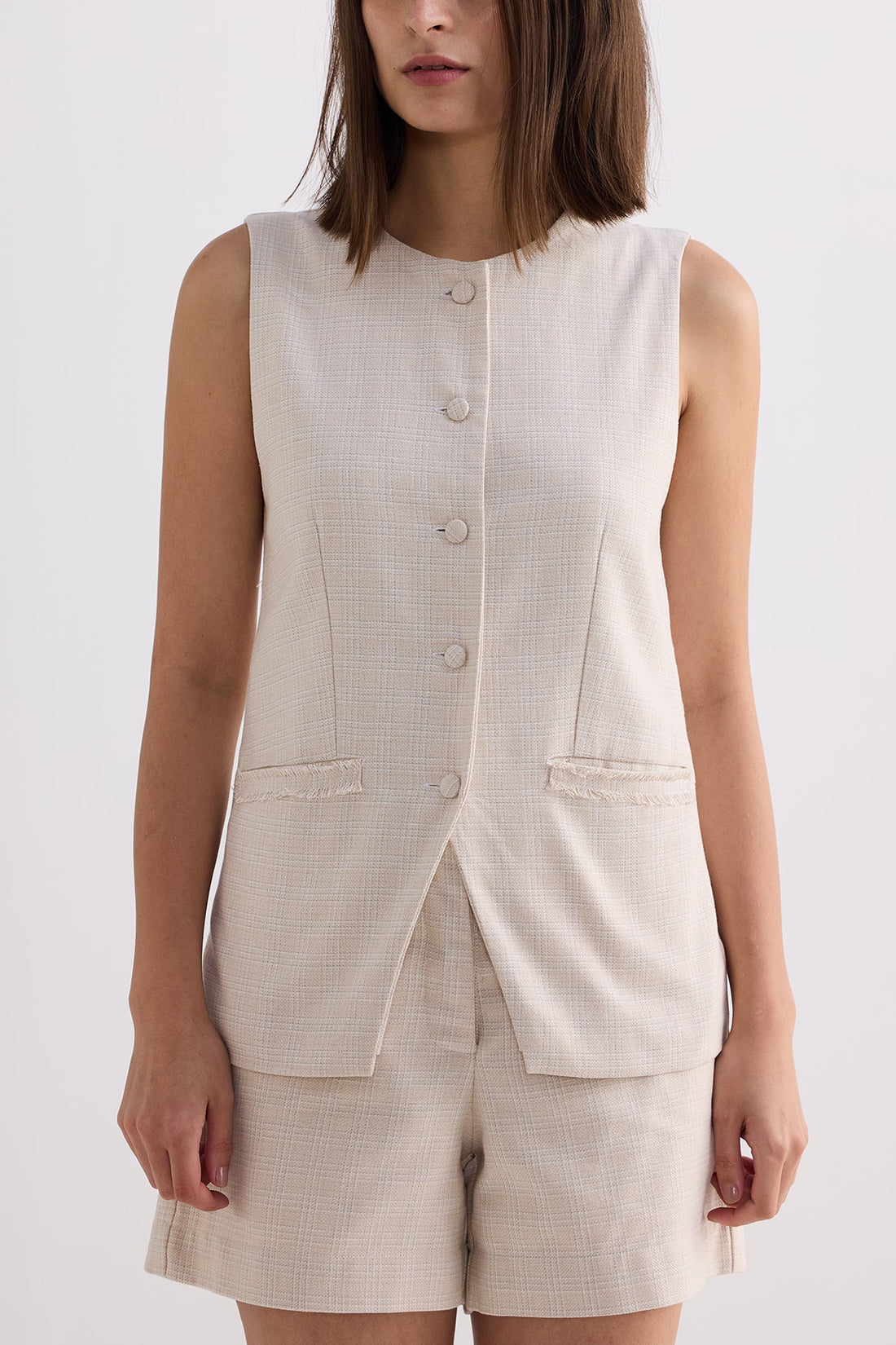 Cotton Tweed Vest Jacket Set in Cream -COL - Stella Carakasi