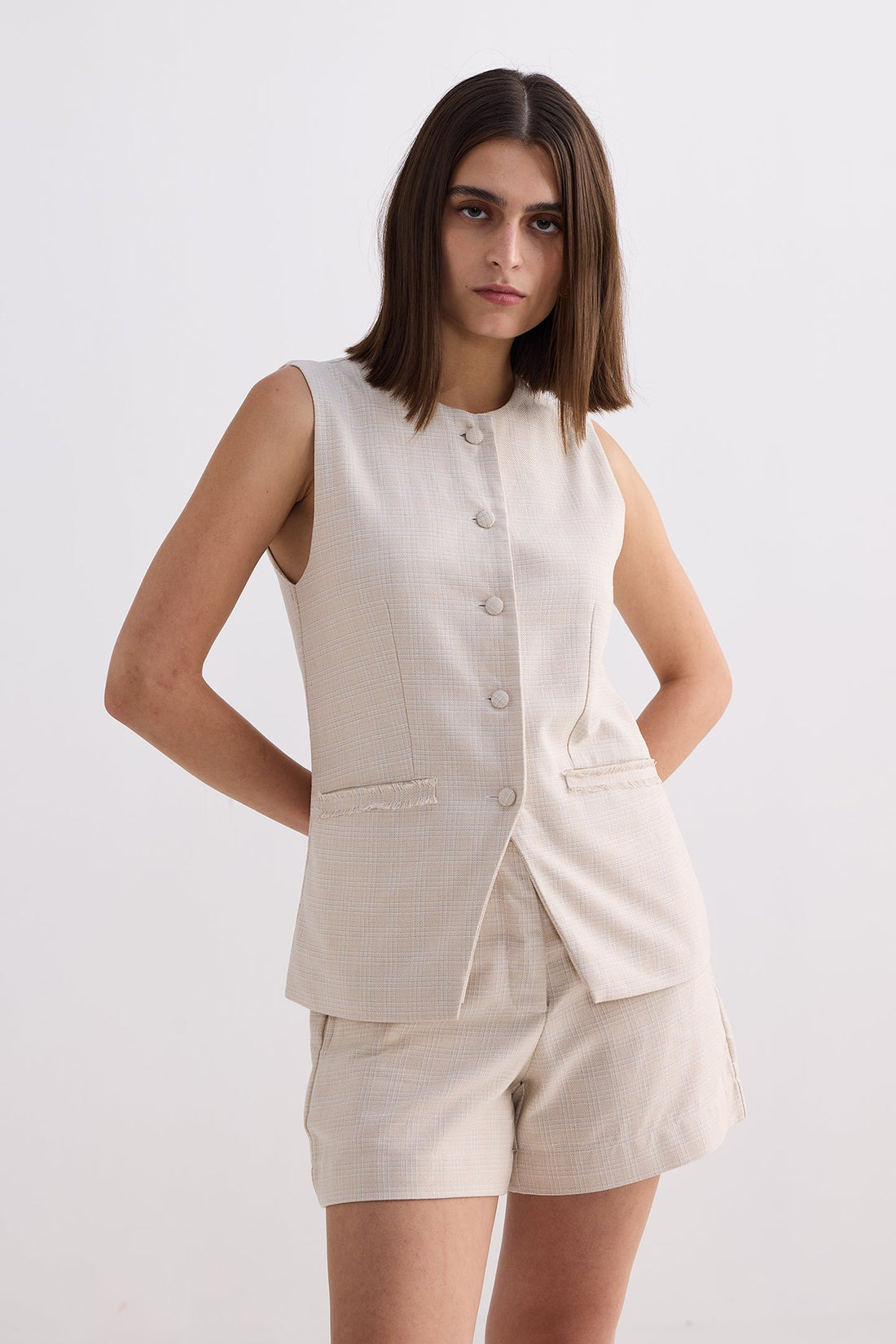 Cotton Tweed Vest Jacket Set in Cream -COL - Stella Carakasi