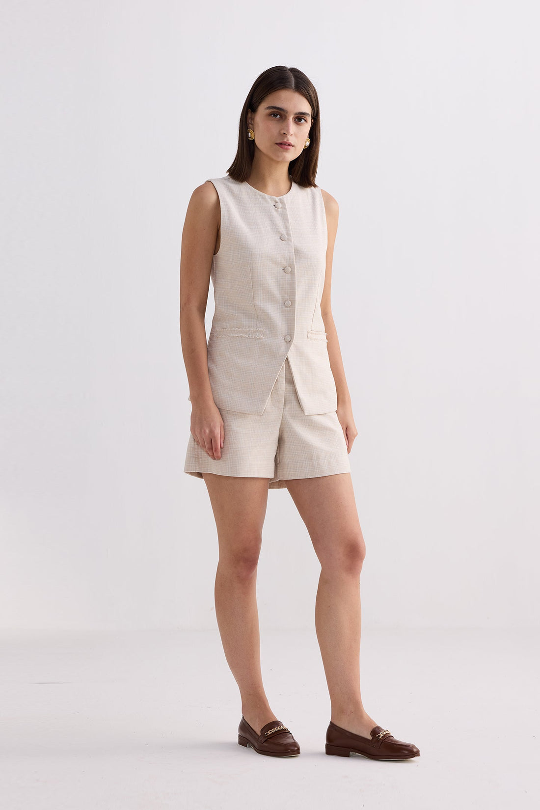 Cotton Tweed Vest Jacket Set in Cream -COL - Stella Carakasi