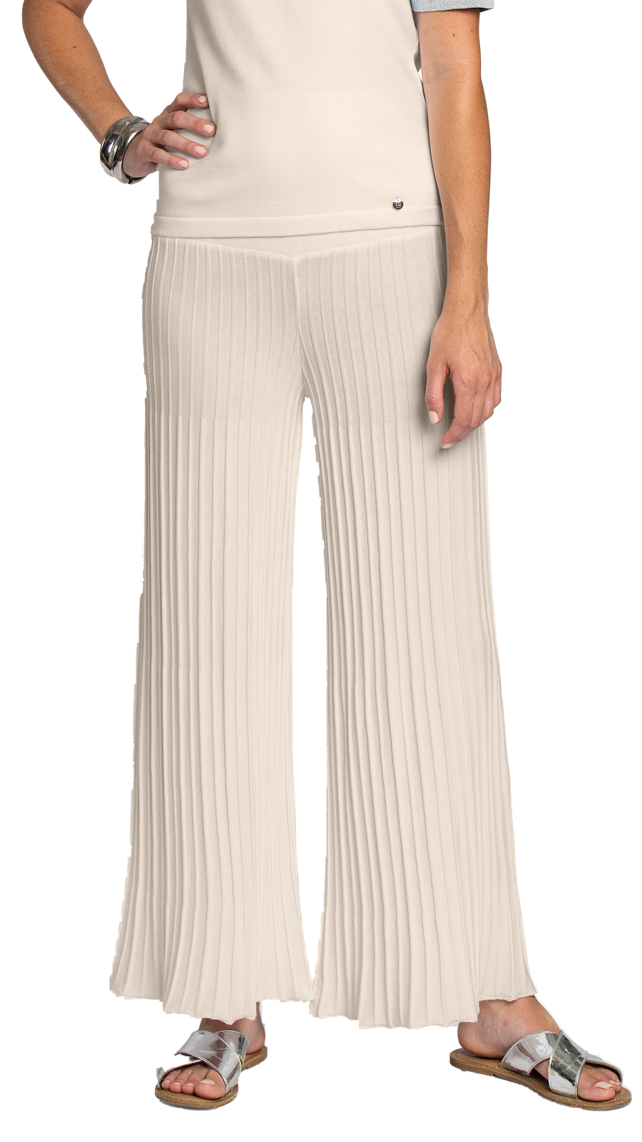 Julia Plisse-Look Full Length Wide Leg Pants, Beige -COL