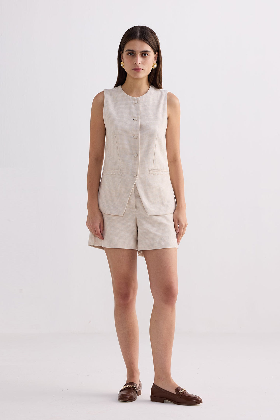 Cotton Tweed Vest Jacket Set in Cream -COL - Stella Carakasi