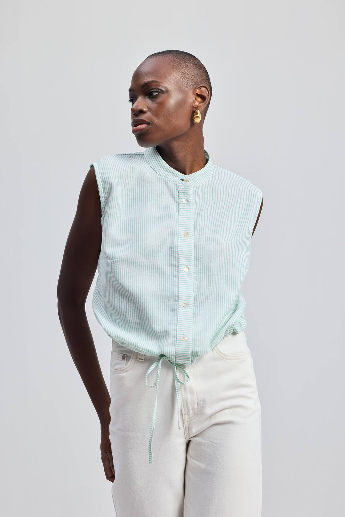 Button-down Shirt with Waist Drawstring in Stripes -COL - Stella Carakasi