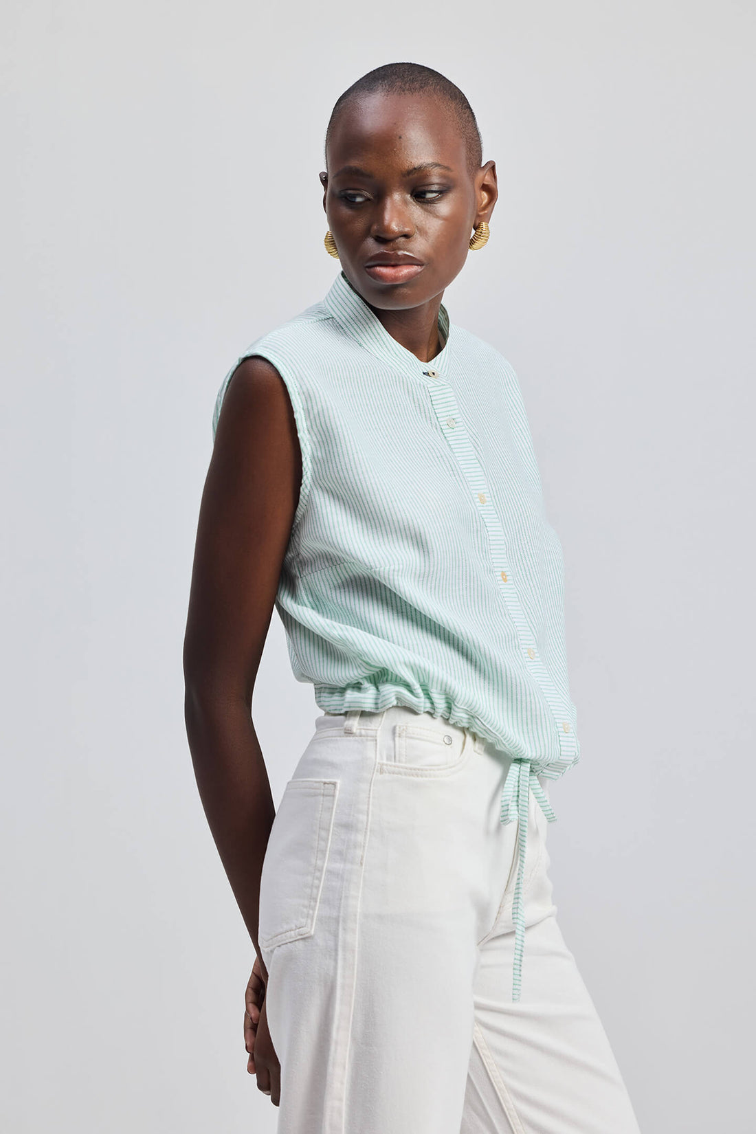 Button-down Shirt with Waist Drawstring in Stripes -COL - Stella Carakasi