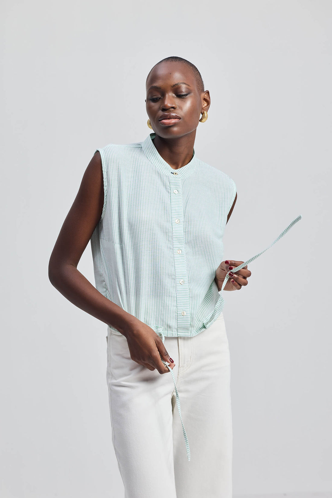 Button-down Shirt with Waist Drawstring in Stripes -COL - Stella Carakasi