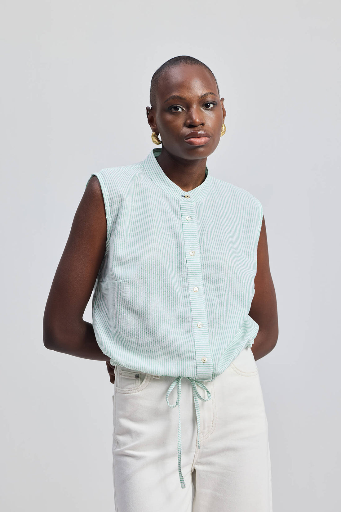 Button-down Shirt with Waist Drawstring in Stripes -COL - Stella Carakasi