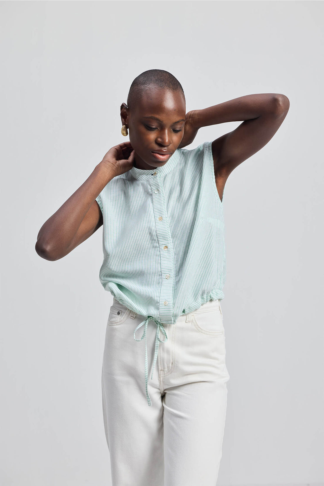 Button-down Shirt with Waist Drawstring in Stripes -COL - Stella Carakasi