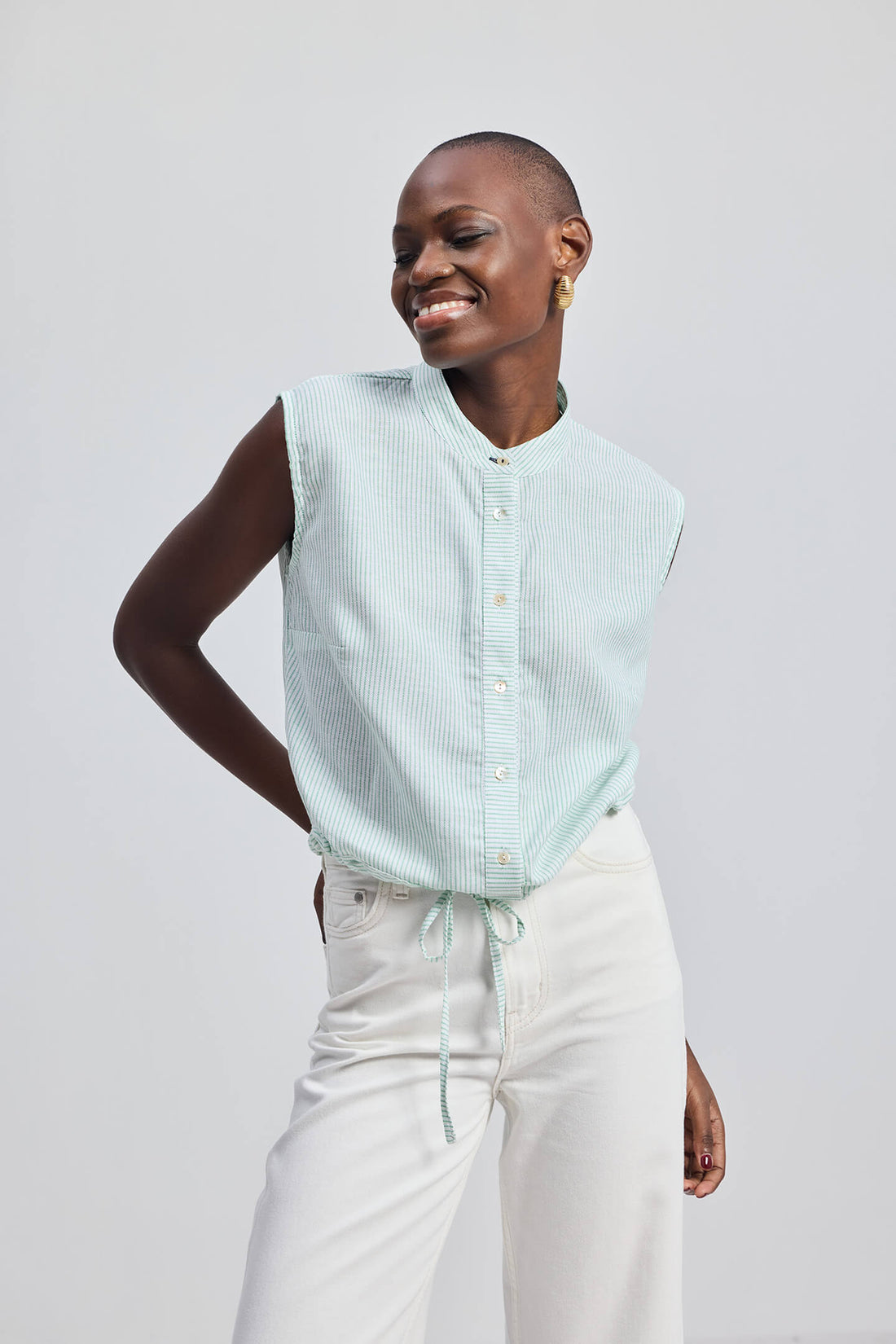 Button-down Shirt with Waist Drawstring in Stripes -COL - Stella Carakasi