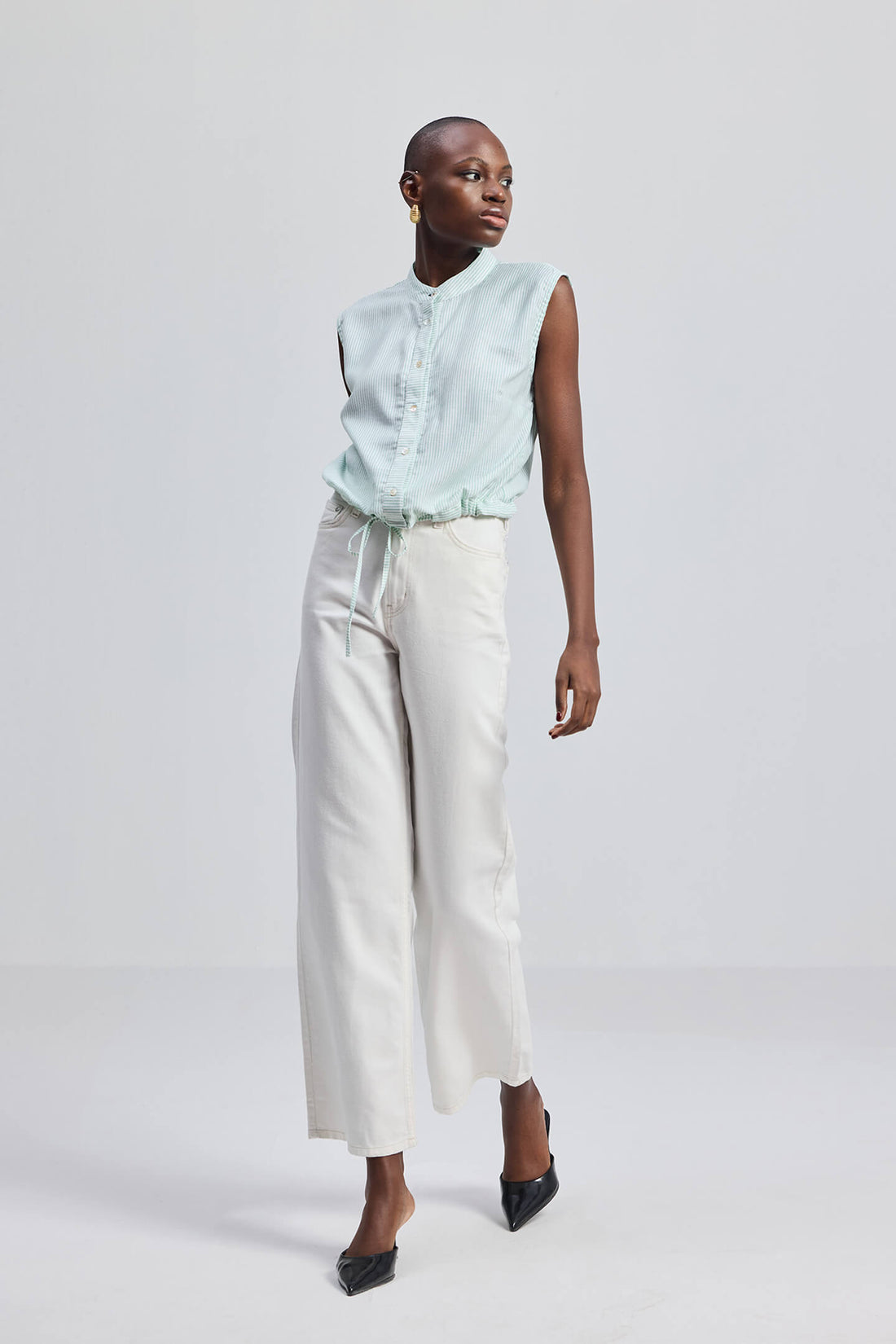 Button-down Shirt with Waist Drawstring in Stripes -COL - Stella Carakasi