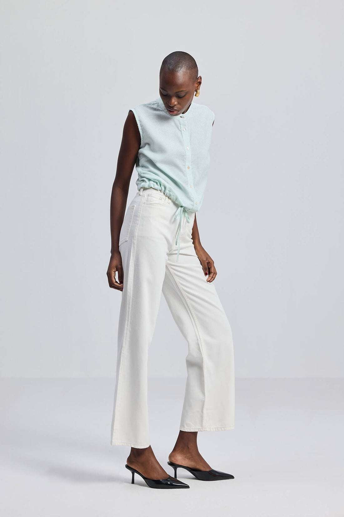 Button-down Shirt with Waist Drawstring in Stripes -COL - Stella Carakasi