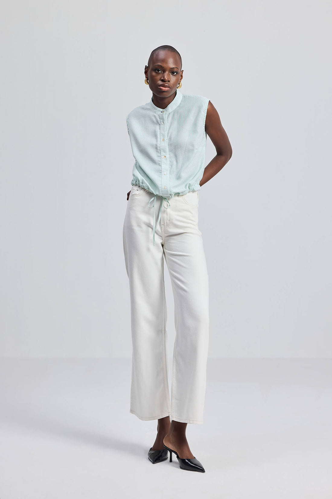 Button-down Shirt with Waist Drawstring in Stripes -COL - Stella Carakasi