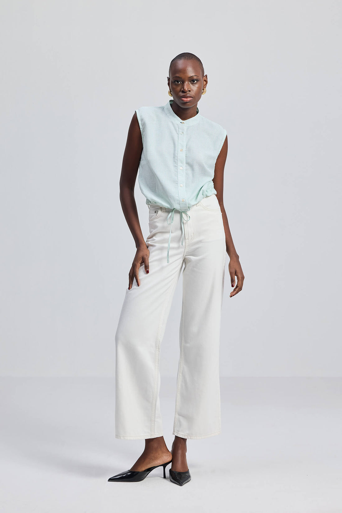 Button-down Shirt with Waist Drawstring in Stripes -COL - Stella Carakasi