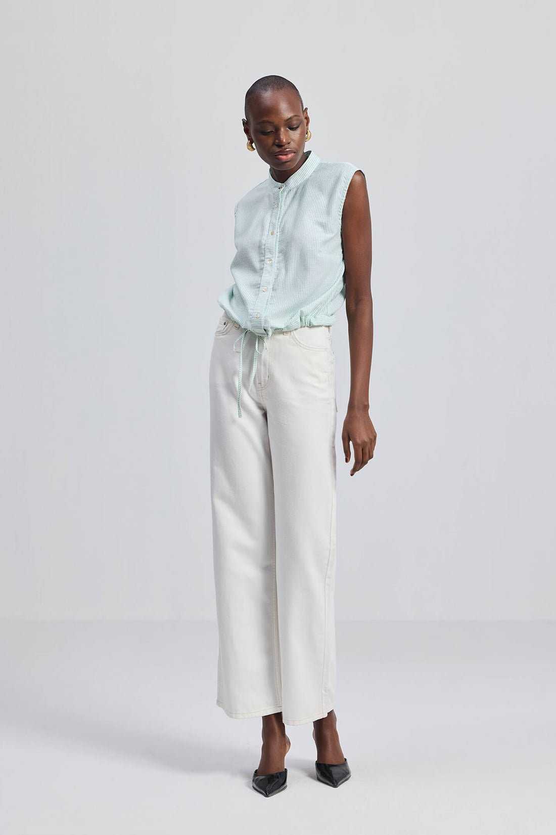 Button-down Shirt with Waist Drawstring in Stripes -COL - Stella Carakasi