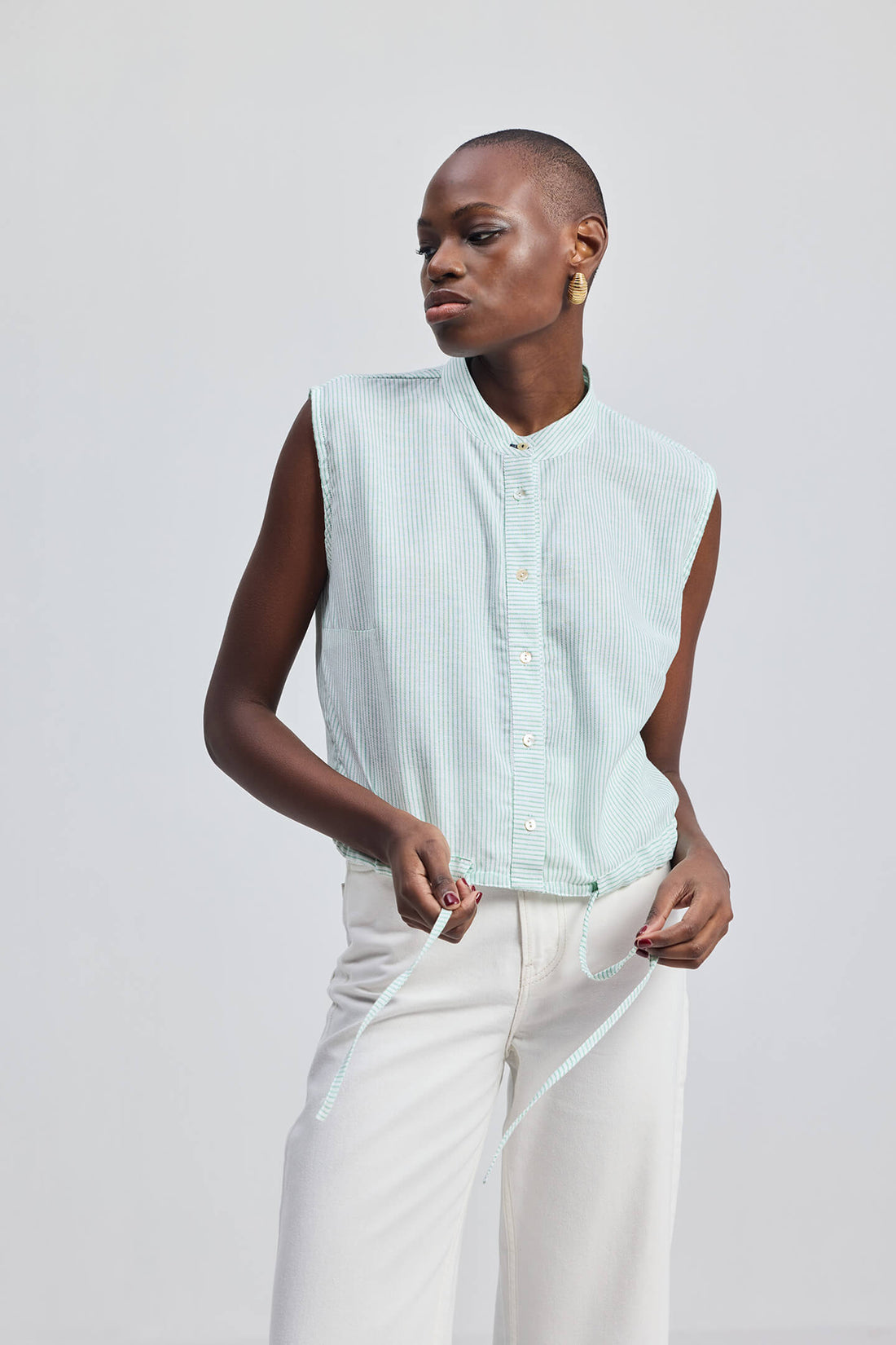 Button-down Shirt with Waist Drawstring in Stripes -COL - Stella Carakasi