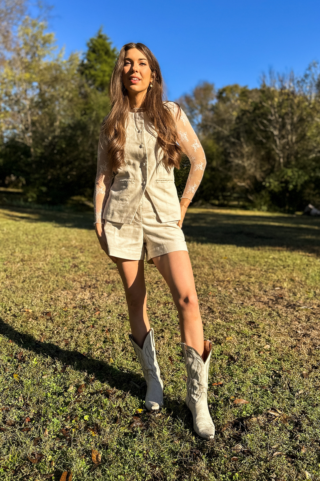 Cotton Tweed Vest Jacket Set in Cream -COL - Stella Carakasi