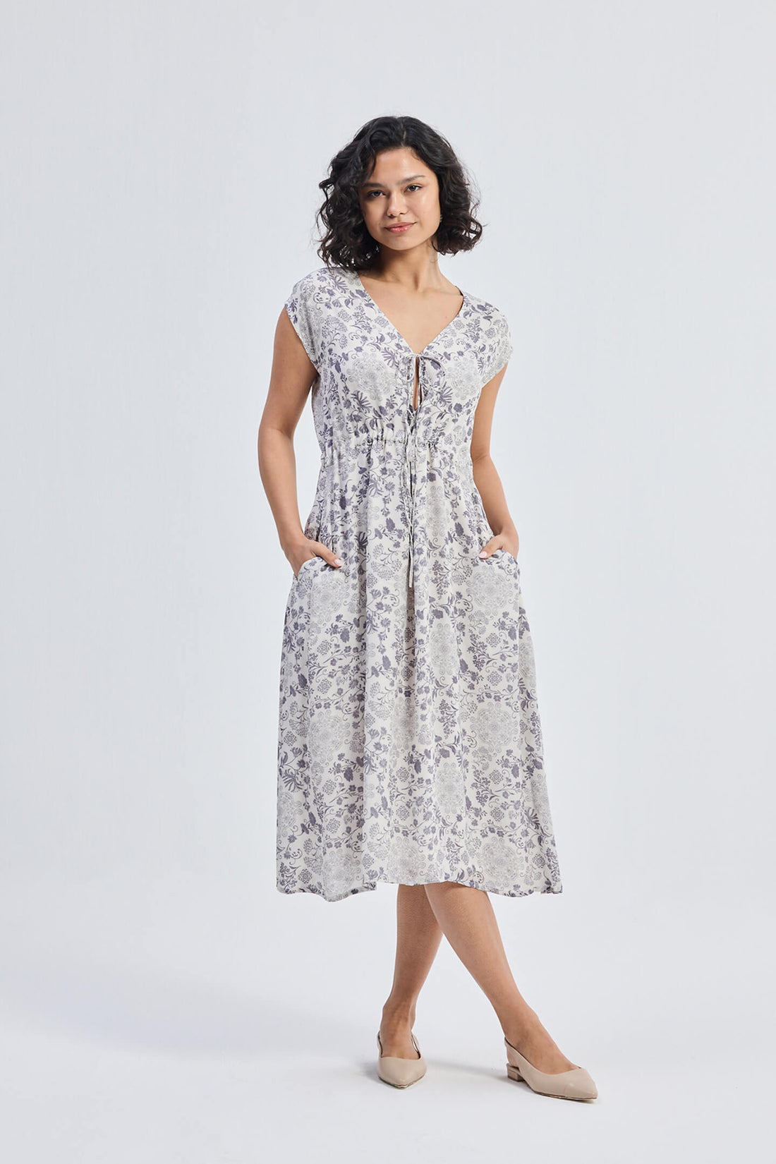 Deep V-neck Gathered Dress in Florals -COL - Stella Carakasi